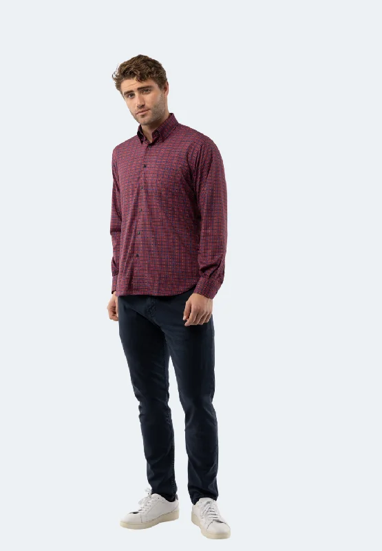 Men's trendy yoke-sleeve shirts-Maroon Plaid Shirt