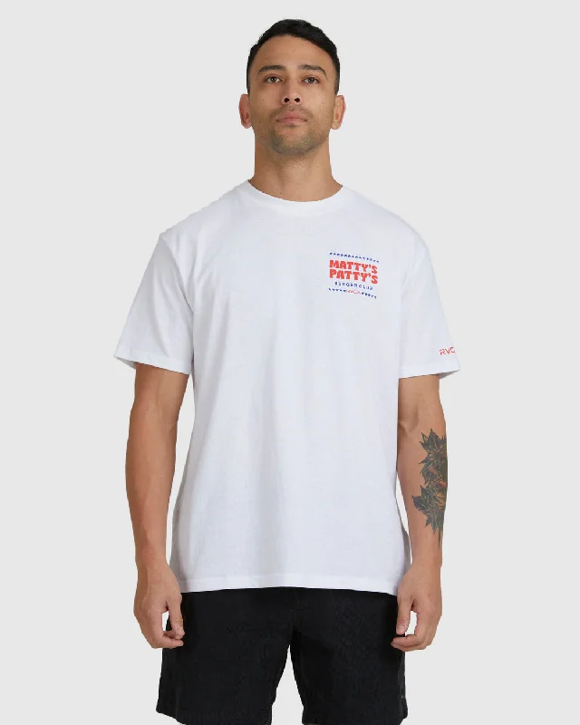 Men’s short-sleeve quip tees-Mattys Pattys Burger Club Tee - White