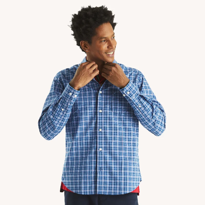 Men's sleek micro shirts-Nautica Mens Slim Fit Wrinkle-Resistant Plaid Wear To Work Shirt