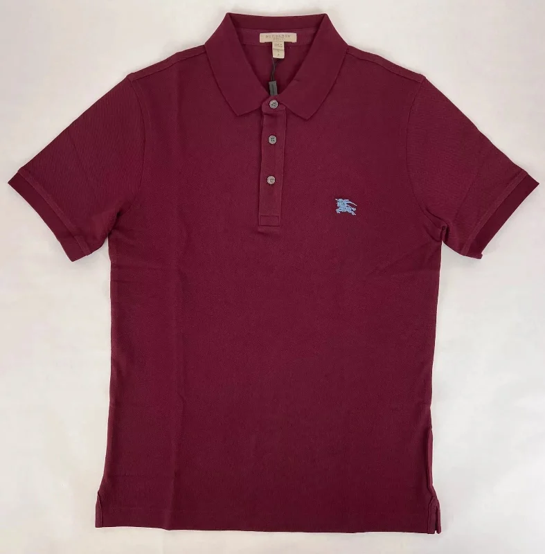 Men’s short-sleeve vent polos-New Burberry Men's Deep Claret Cotton Embroide Logo Polo Shirt S