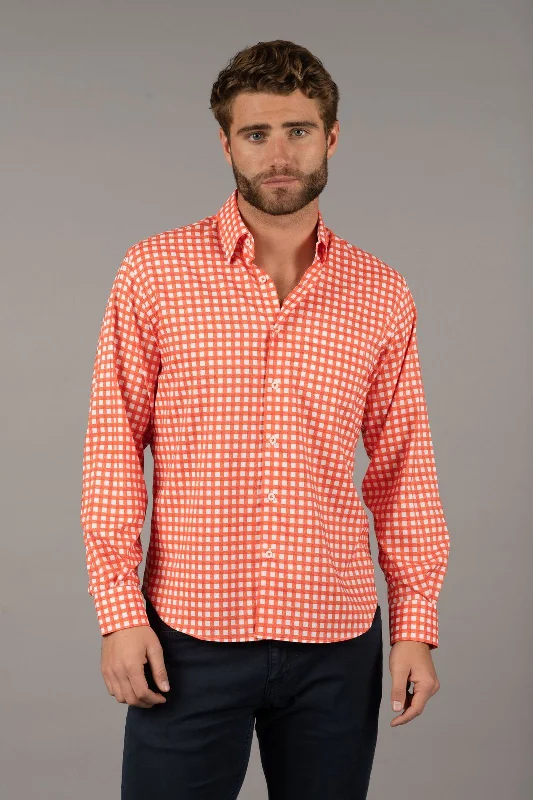 Men's stylish slash-cuff shirts-Orange and White Thick Check Shirt