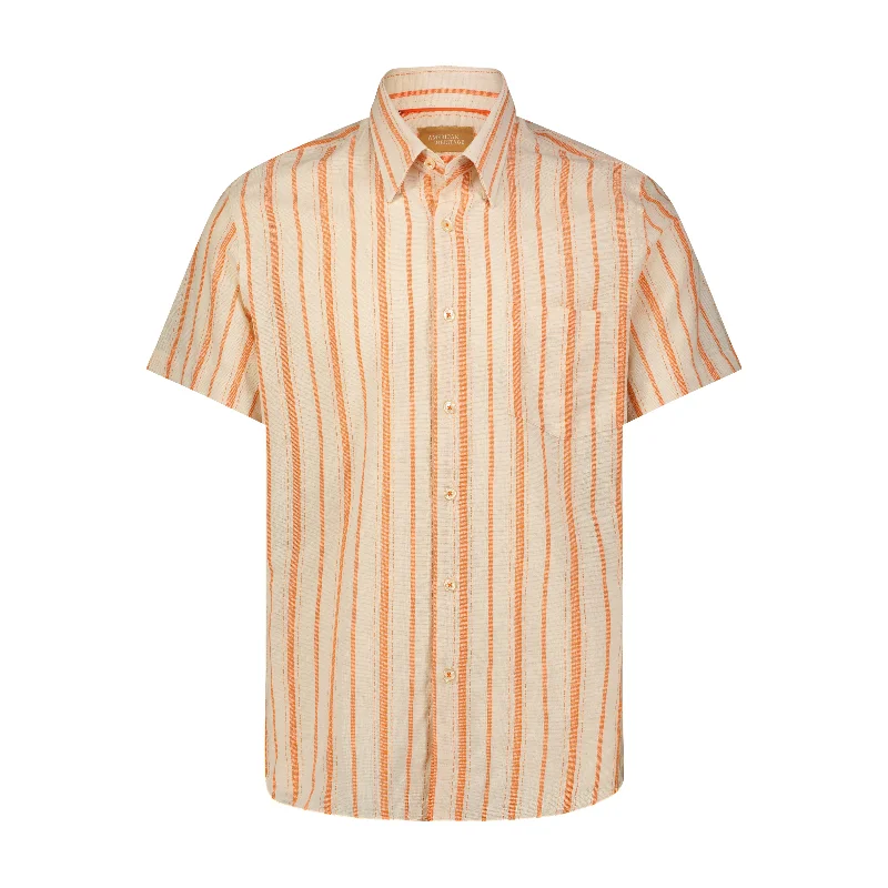 Men's rugged thorn shirts-Orange with Beige Striped Short Sleeve Shirt