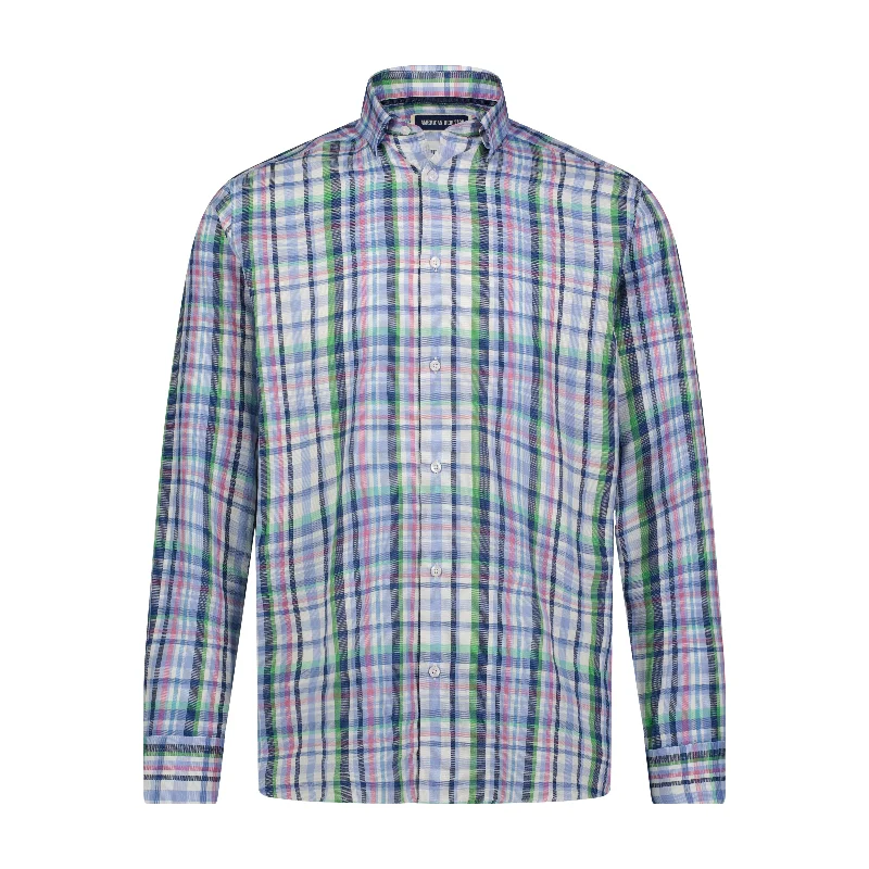 Men's bold helix-dye shirts-Purple Navy White and Green Plaid Oxford Long Sleeve Shirt