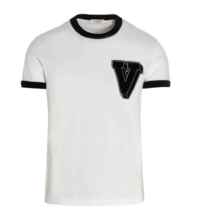 Men’s short-sleeve jet polos-V Logo Trim Short Sleeve Crew Neck T-Shirt In White