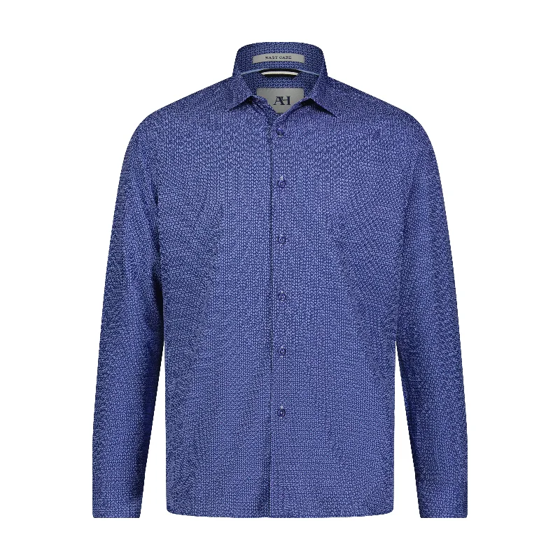 Men's bold tessera-print shirts-White Navy Blue Geo Print Hidden Button Down Long Sleeve Shirt