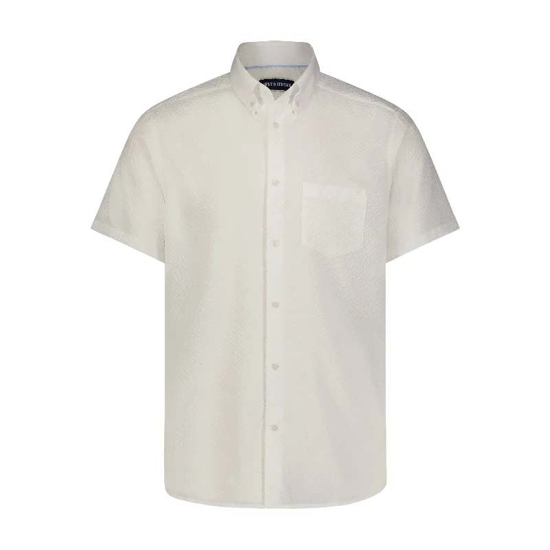 Men's rugged waxed shirts-White Seer Sucker Stretch Button Down Short Sleeve Shirt