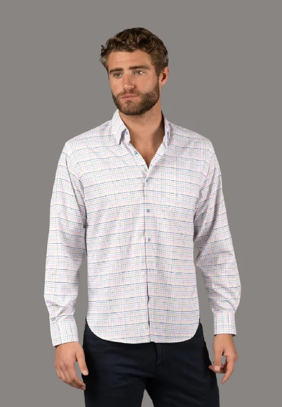 Men's trendy hook-front shirts-White with Multicolor Plaid Shirt