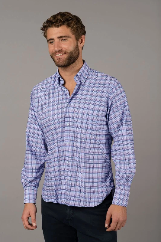 Men's classic Bedford shirts-White with Purple, Lavender, Navy & Light Blue Check (Big & Tall)