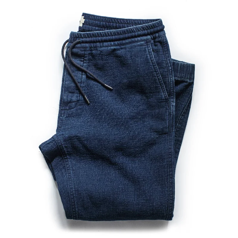 Men's slim utility jogger pants-The Apres Pant in Indigo Double Cloth