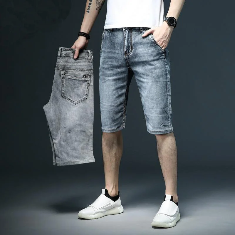 Men's deep mahogany pants-Men's Mid Waist Plain Button Zipper Pocket Denim Slim Shorts