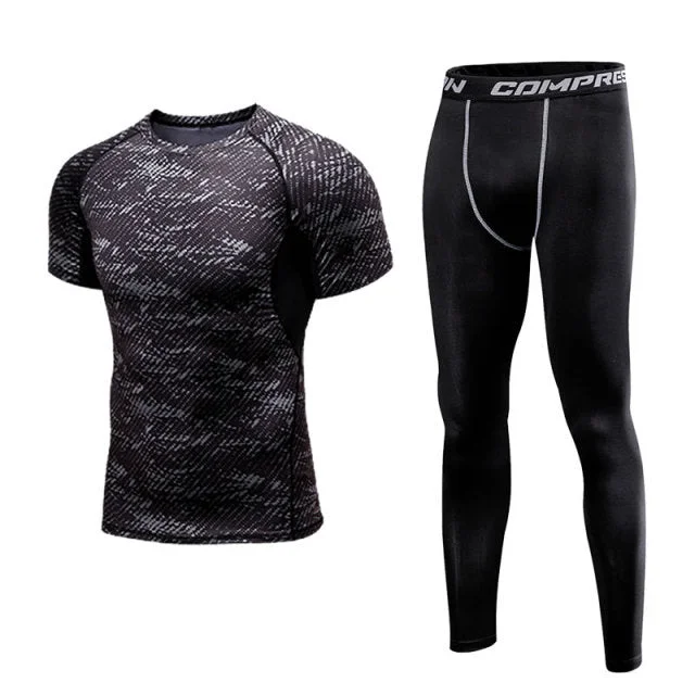 Men's preppy tartan pants-Men's Short Sleeve Compression T-Shirt With Legging Workout Set