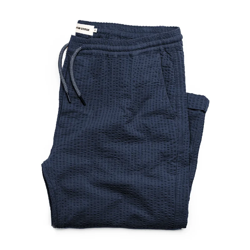 Men's retro racing track pants-The Après Pant in Navy Seersucker